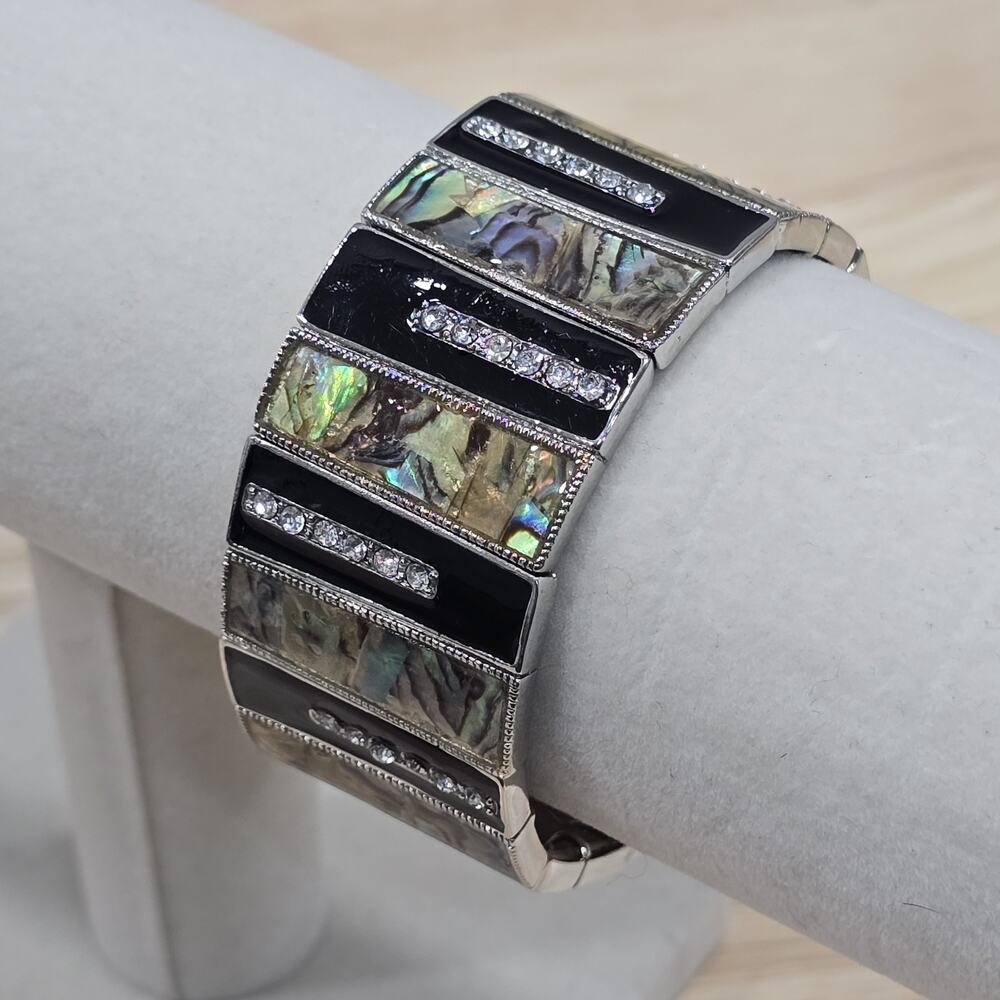 Mother of Pearl Abalone Silver Tone Black Enamel Rhinestone Stretch Bracelet